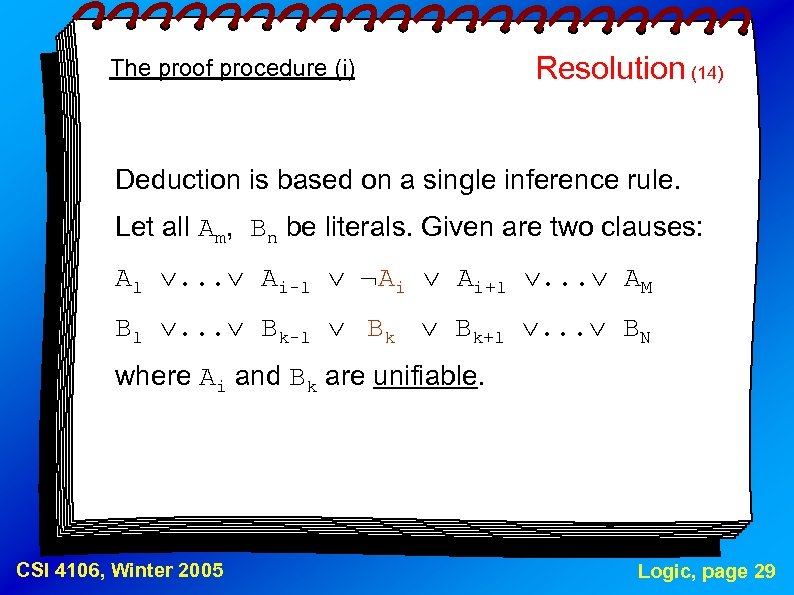 The proof procedure (i) Resolution (14) Deduction is based on a single inference rule.