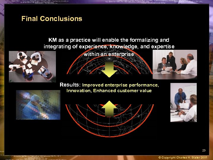 Final Conclusions KM as a practice will enable the formalizing and integrating of experience,