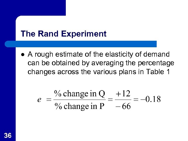 The Rand Experiment l 36 A rough estimate of the elasticity of demand can