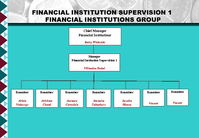 FINANCIAL INSTITUTION SUPERVISION 1 FINANCIAL INSTITUTIONS GROUP Chief Manager Financial Institutions Barry Whiteside Manager