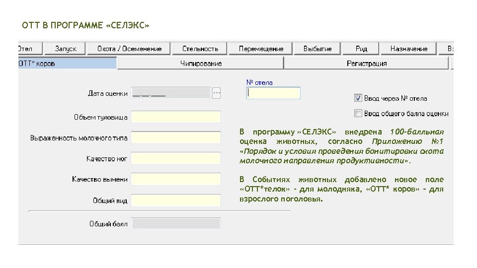 ОТТ В ПРОГРАММЕ «СЕЛЭКС» В программу » СЕЛЭКС» внедрена 100 -балльная оценка животных, согласно