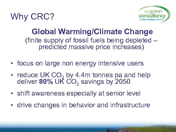 Why CRC? Global Warming/Climate Change (finite supply of fossil fuels being depleted – predicted