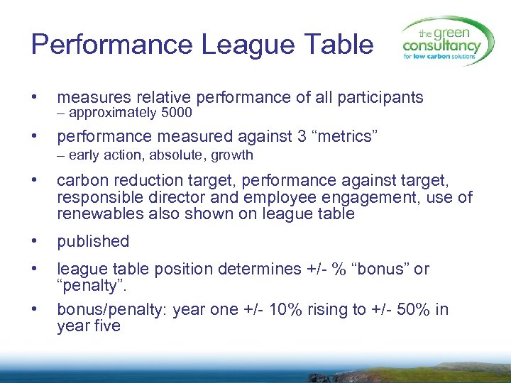 Performance League Table • measures relative performance of all participants • performance measured against