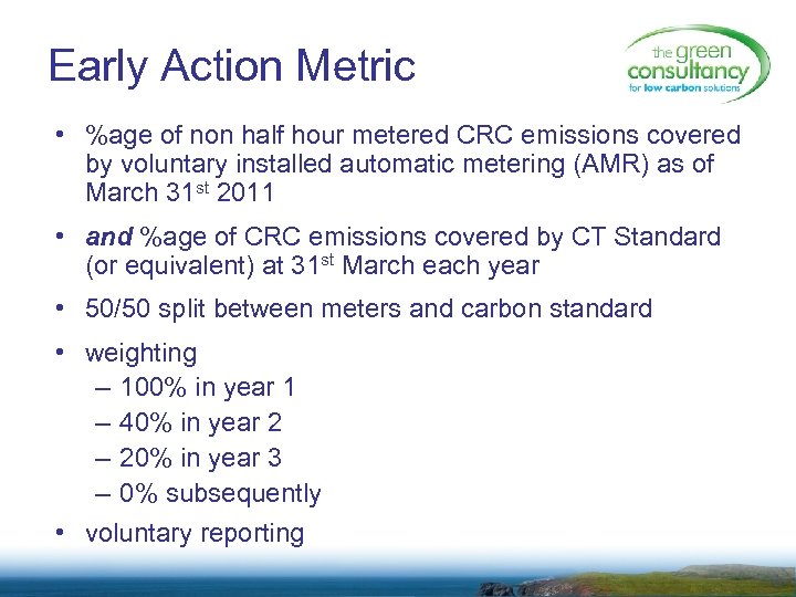 Early Action Metric • %age of non half hour metered CRC emissions covered by