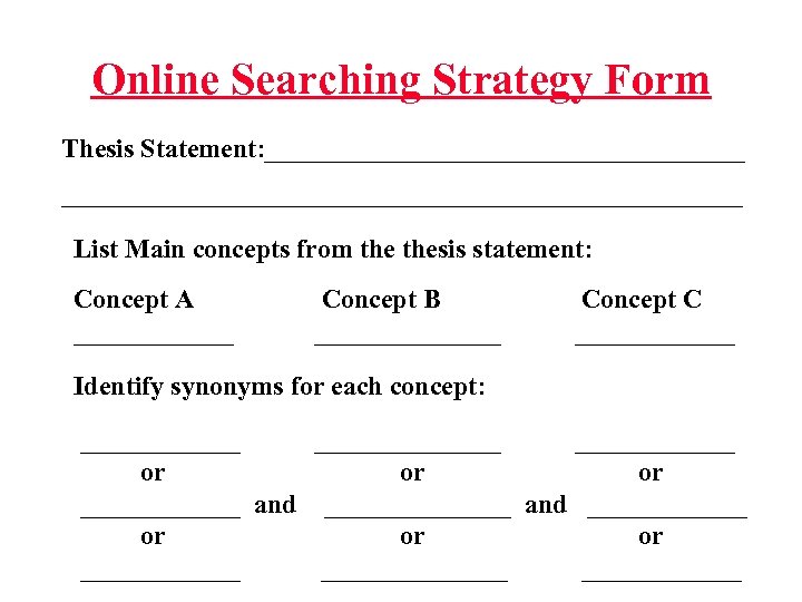 Online Searching Strategy Form Thesis Statement: ____________________________________________ List Main concepts from thesis statement: Concept