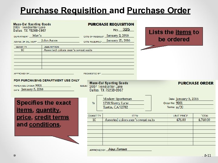 Purchase Requisition and Purchase Order Lists the items to be ordered Specifies the exact