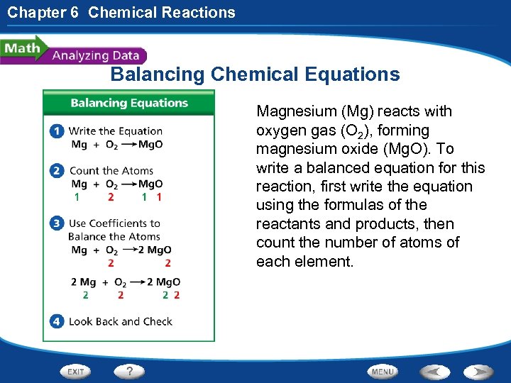 Chapter 6 Chemical Reactions Balancing Chemical Equations Magnesium (Mg) reacts with oxygen gas (O
