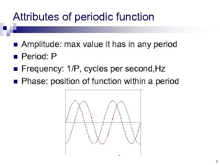 Attributes of periodic function n n Amplitude: max value it has in any period