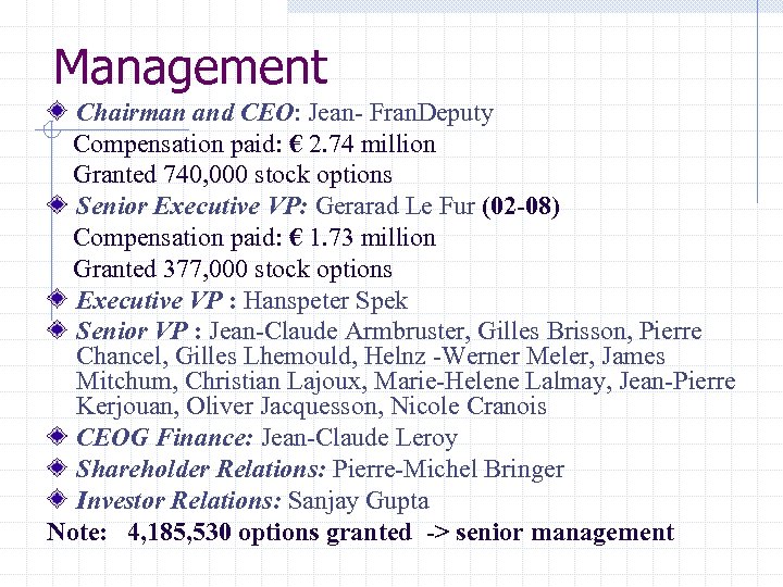 Management Chairman and CEO: Jean- Fran. Deputy Compensation paid: € 2. 74 million Granted