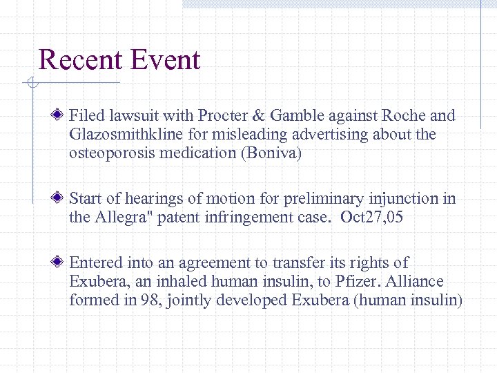Recent Event Filed lawsuit with Procter & Gamble against Roche and Glazosmithkline for misleading