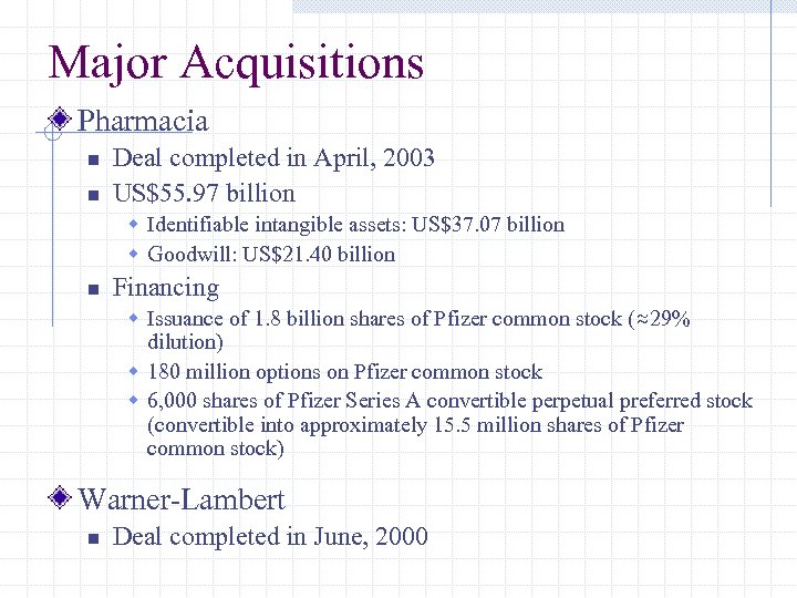 Major Acquisitions Pharmacia n n Deal completed in April, 2003 US$55. 97 billion w