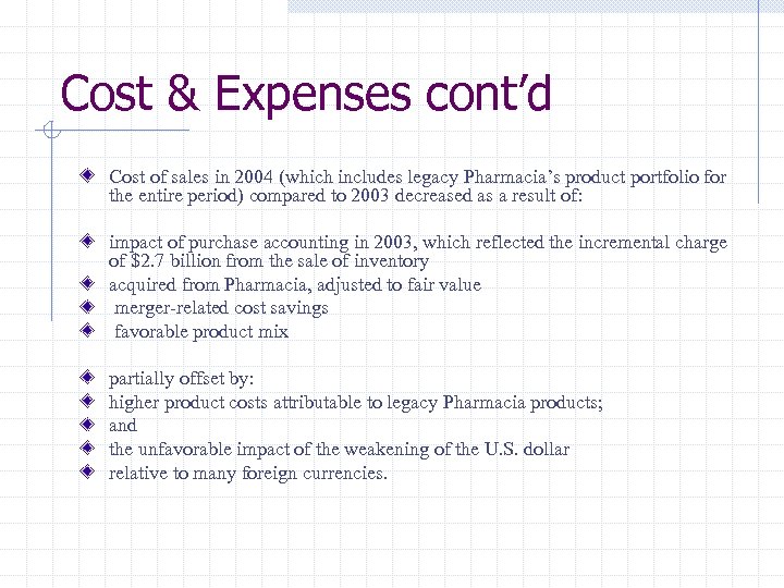Cost & Expenses cont’d Cost of sales in 2004 (which includes legacy Pharmacia’s product