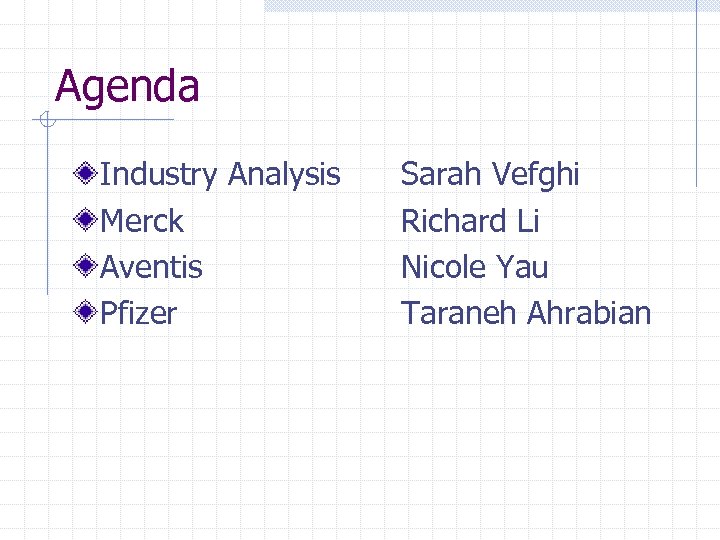 Agenda Industry Analysis Merck Aventis Pfizer Sarah Vefghi Richard Li Nicole Yau Taraneh Ahrabian