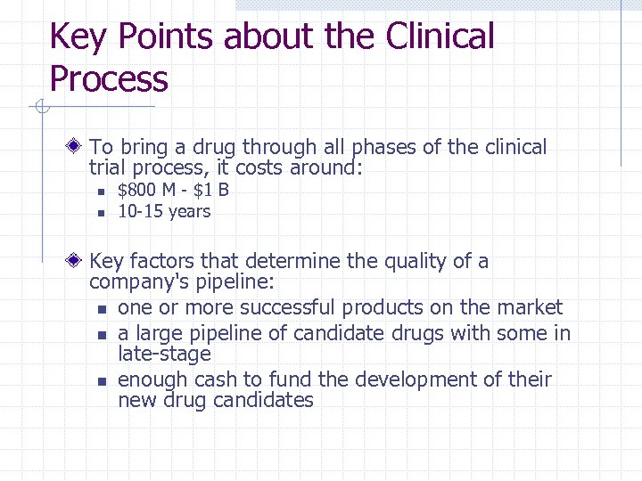 Key Points about the Clinical Process To bring a drug through all phases of