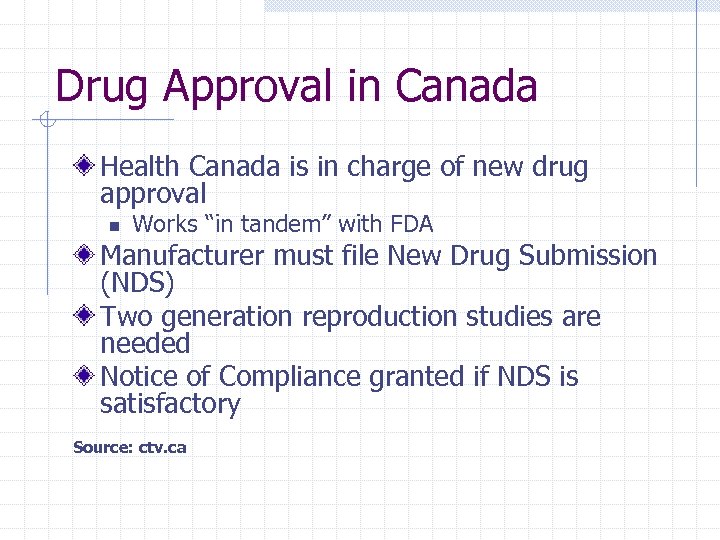 Drug Approval in Canada Health Canada is in charge of new drug approval n