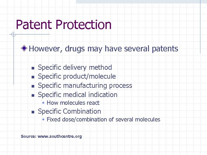 Patent Protection However, drugs may have several patents n n Specific delivery method product/molecule