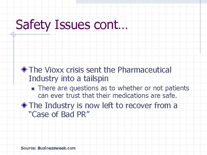 Safety Issues cont… The Vioxx crisis sent the Pharmaceutical Industry into a tailspin n