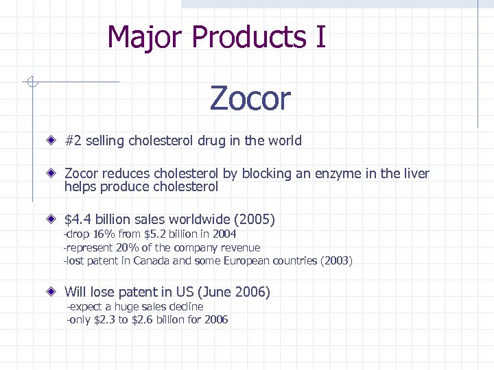 Major Products I Zocor #2 selling cholesterol drug in the world Zocor reduces cholesterol