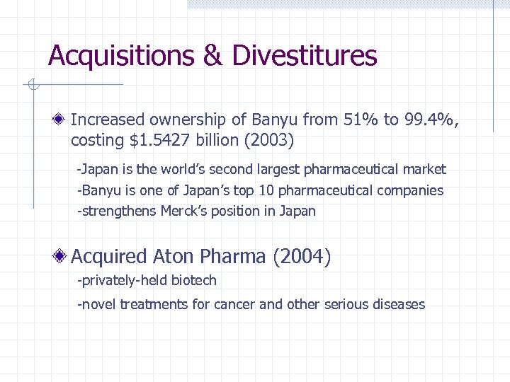 Acquisitions & Divestitures Increased ownership of Banyu from 51% to 99. 4%, costing $1.