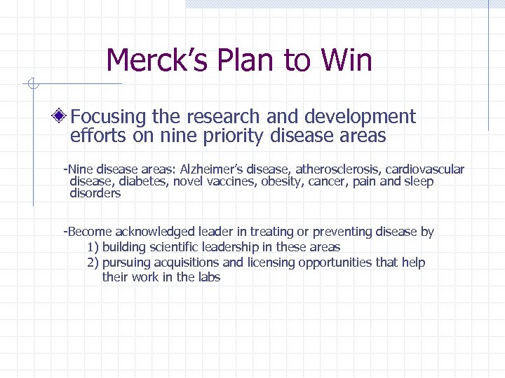 Merck’s Plan to Win Focusing the research and development efforts on nine priority disease