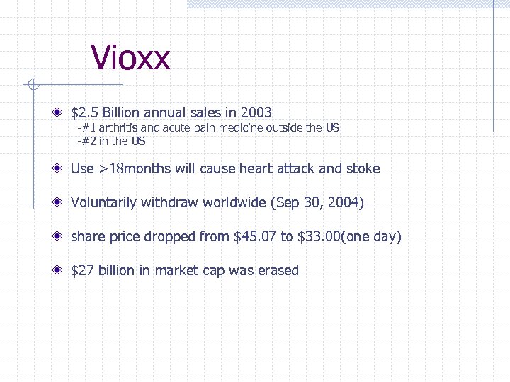 Vioxx $2. 5 Billion annual sales in 2003 -#1 arthritis and acute pain medicine