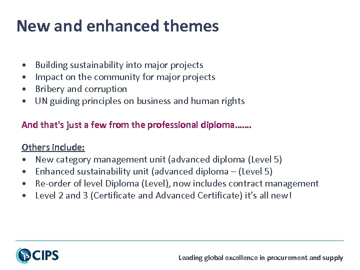 New and enhanced themes • • Building sustainability into major projects Impact on the