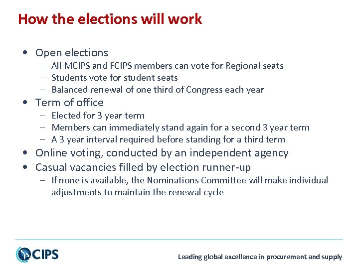 How the elections will work • Open elections – All MCIPS and FCIPS members