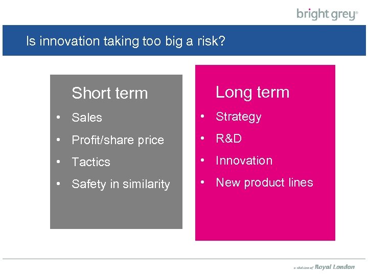 Is innovation taking too big a risk? Short term Long term • Sales •