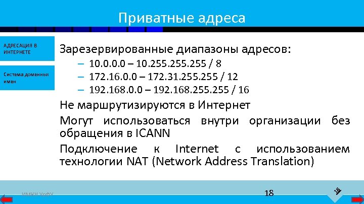 Приватные адреса АДРЕСАЦИЯ В ИНТЕРНЕТЕ Система доменных имен Зарезервированные диапазоны адресов: – 10. 0