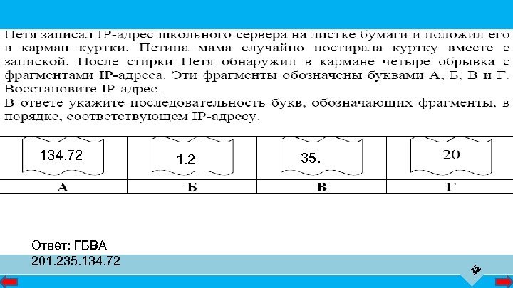 АДРЕСАЦИЯ В ИНТЕРНЕТЕ Система доменных имен 134. 72 1. 2 35. 25 Ответ: ГБВА