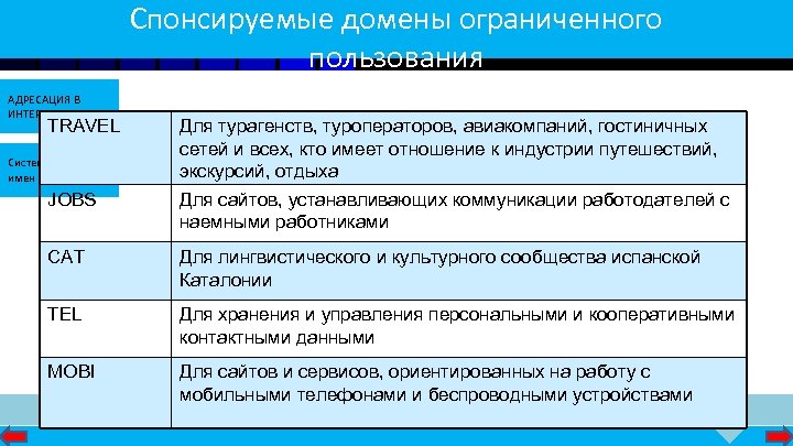 Спонсируемые домены ограниченного пользования АДРЕСАЦИЯ В ИНТЕРНЕТЕ TRAVEL Система доменных имен Для турагенств, туроператоров,