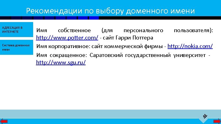 Рекомендации по выбору доменного имени Система доменных имен Имя собственное (для персонального пользователя): http: