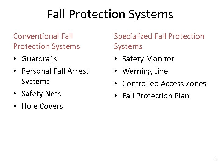 Fall Protection Systems Conventional Fall Protection Systems • Guardrails • Personal Fall Arrest Systems