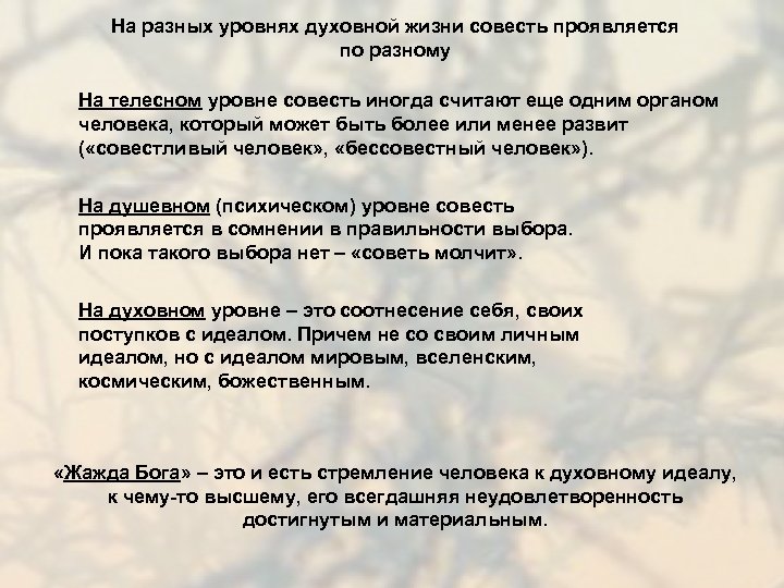 На разных уровнях духовной жизни совесть проявляется по разному На телесном уровне совесть иногда