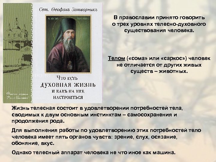 В православии принято говорить о трех уровнях телесно-духовного существования человека. Телом ( «сома» или
