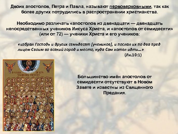 Двоих апостолов, Петра и Павла, называют первоверховными, так как более других потрудились в распространении