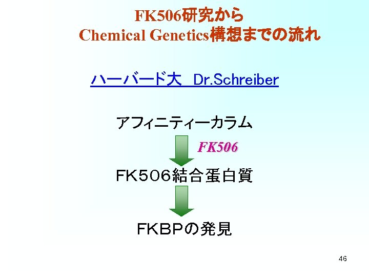 FK 506研究から 　　Chemical Genetics構想までの流れ ハーバード大　Dr. Schreiber アフィニティーカラム FK 506 ＦＫ５０６結合蛋白質 ＦＫＢＰの発見 46 