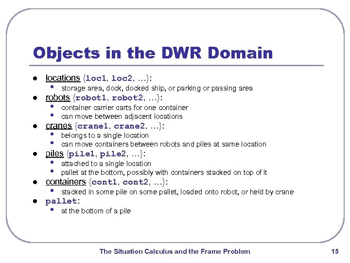 Objects in the DWR Domain l l l locations {loc 1, loc 2, …}: