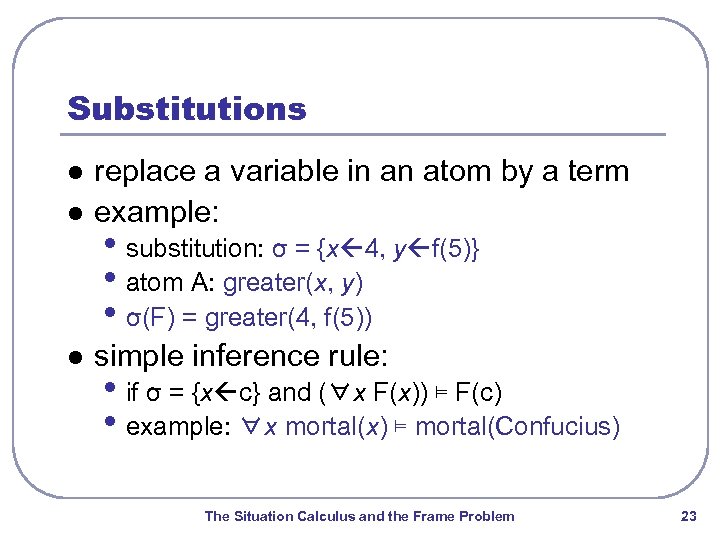 Substitutions l replace a variable in an atom by a term example: l simple