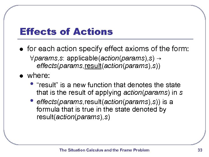 Effects of Actions l for each action specify effect axioms of the form: ∀params,