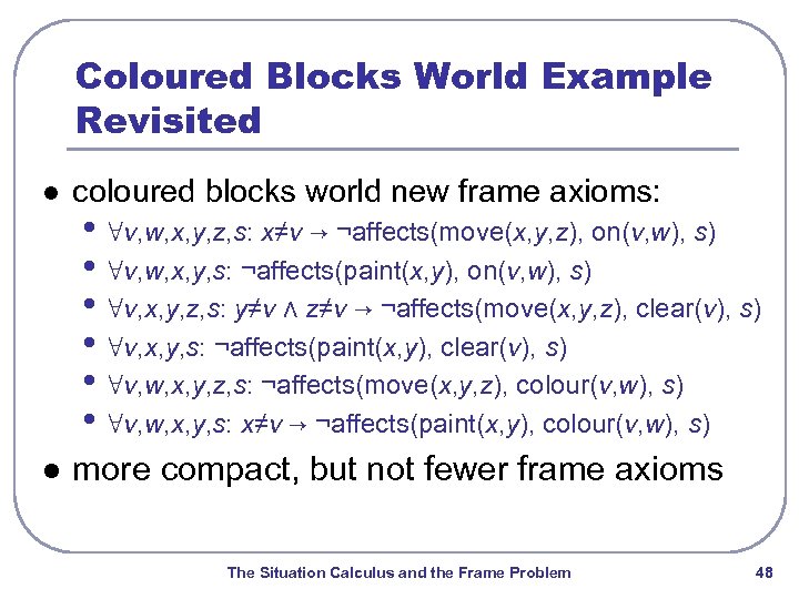 Coloured Blocks World Example Revisited l coloured blocks world new frame axioms: l more