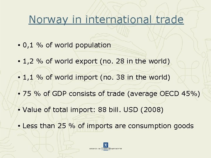 Norway in international trade • 0, 1 % of world population • 1, 2