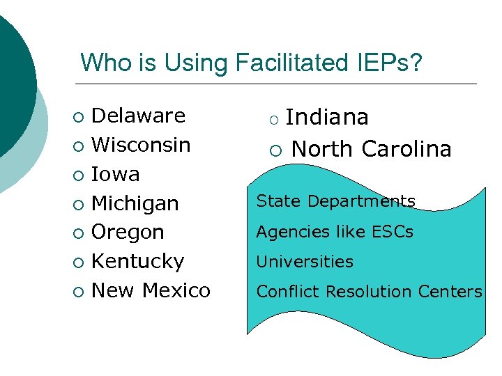 Who is Using Facilitated IEPs? Delaware ¡ Wisconsin ¡ Iowa ¡ Michigan ¡ Oregon