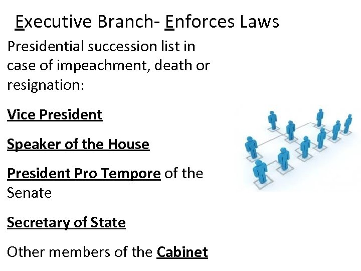 Executive Branch- Enforces Laws Presidential succession list in case of impeachment, death or resignation: