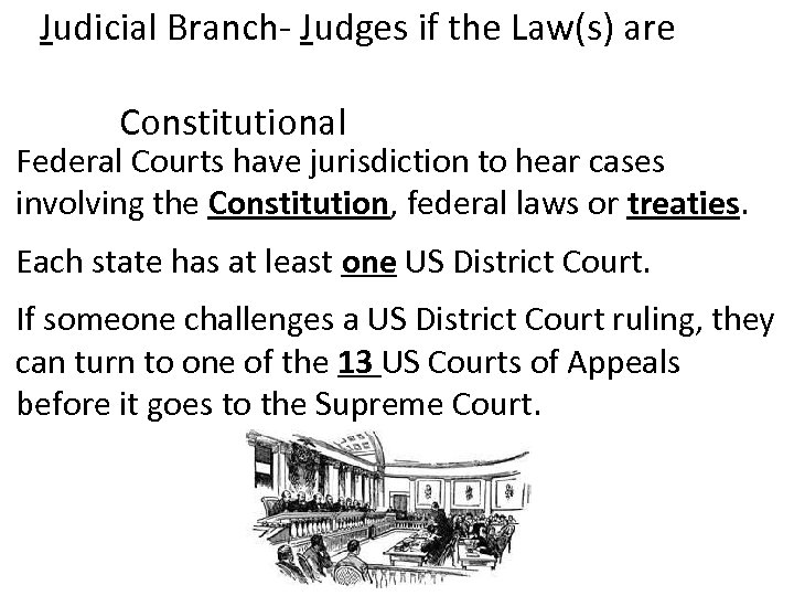 Judicial Branch- Judges if the Law(s) are Constitutional Federal Courts have jurisdiction to hear