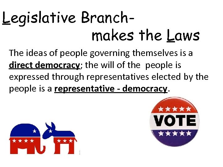 Legislative Branchmakes the Laws The ideas of people governing themselves is a direct democracy;