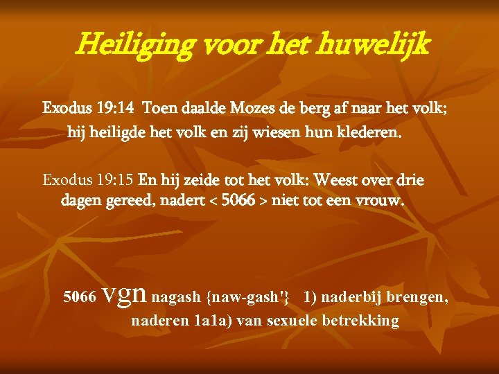 Heiliging voor het huwelijk Exodus 19: 14 Toen daalde Mozes de berg af naar
