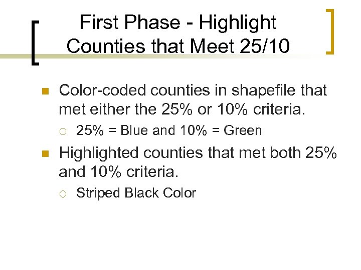 First Phase - Highlight Counties that Meet 25/10 n Color-coded counties in shapefile that