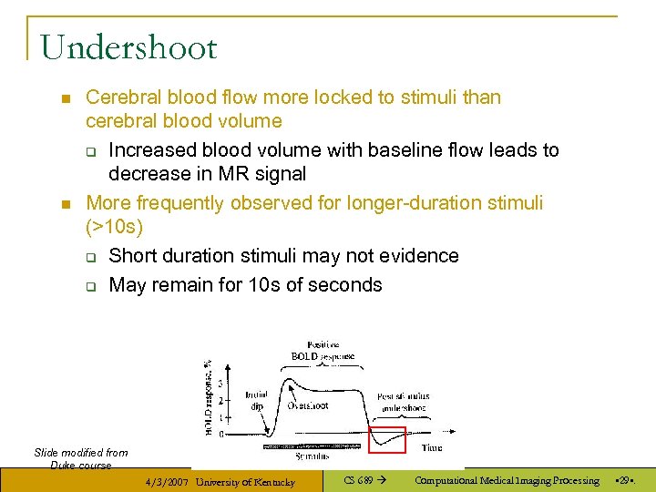 Undershoot n n Cerebral blood flow more locked to stimuli than cerebral blood volume