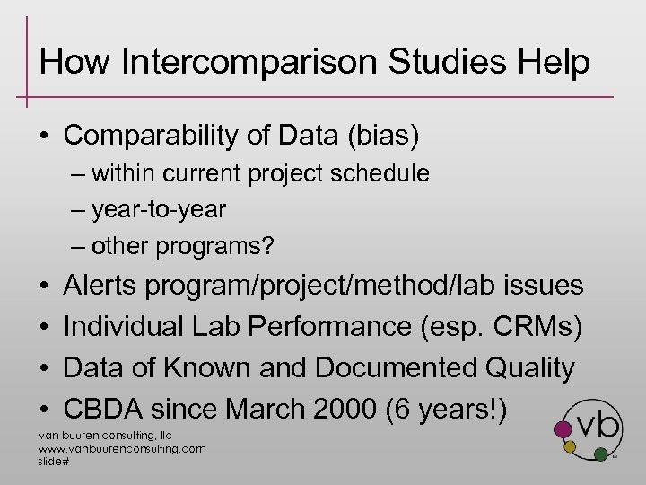 How Intercomparison Studies Help • Comparability of Data (bias) – within current project schedule